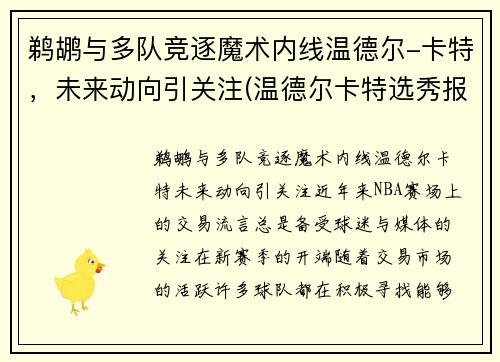 鹈鹕与多队竞逐魔术内线温德尔-卡特，未来动向引关注(温德尔卡特选秀报告)