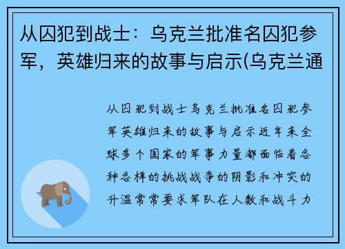 从囚犯到战士：乌克兰批准名囚犯参军，英雄归来的故事与启示(乌克兰通缉)