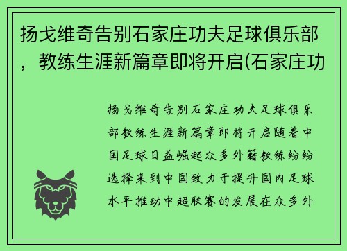 扬戈维奇告别石家庄功夫足球俱乐部，教练生涯新篇章即将开启(石家庄功夫足球队)